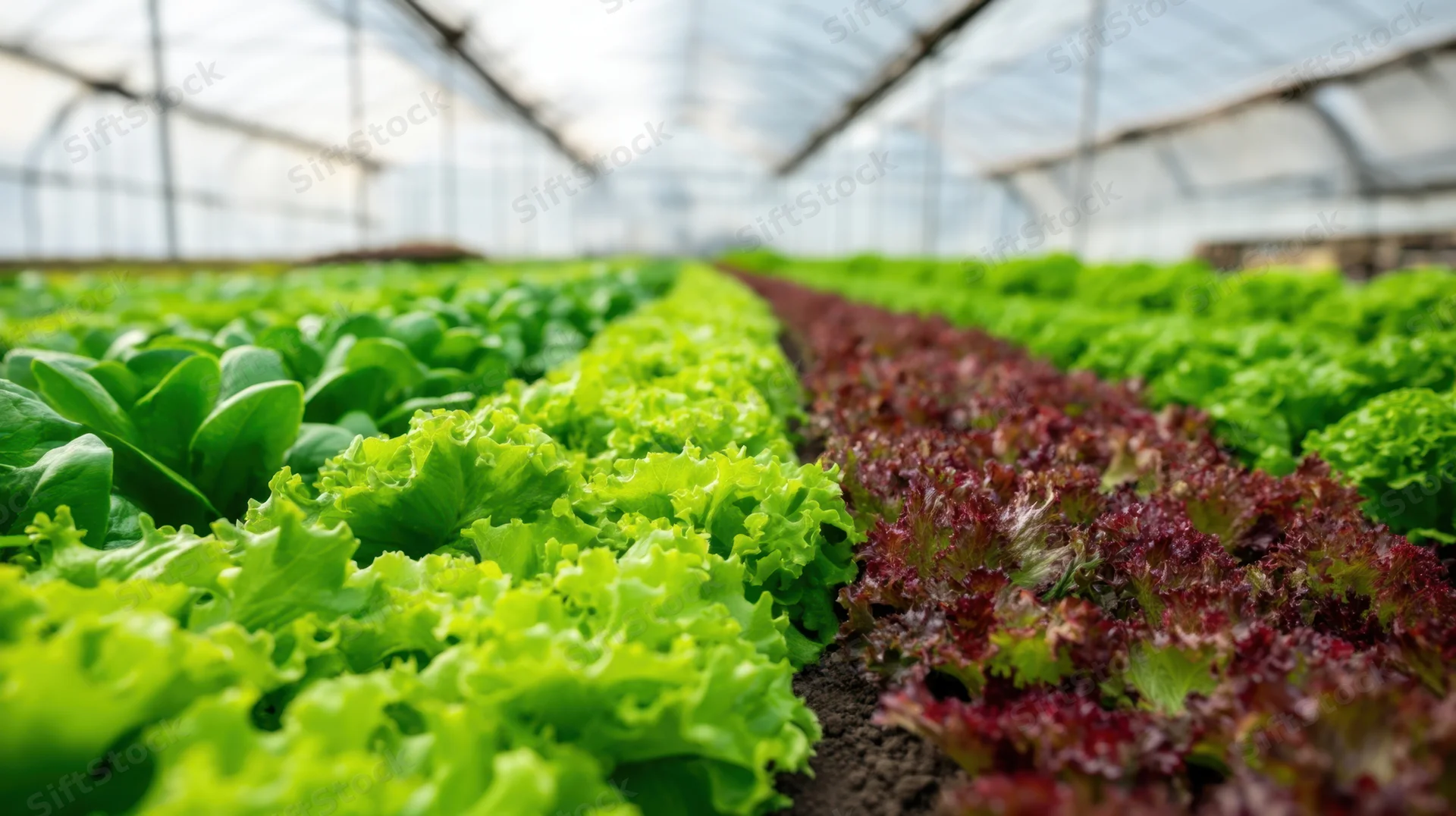 Rows of green and red lettuce growing in a greenhouse under controlled environment