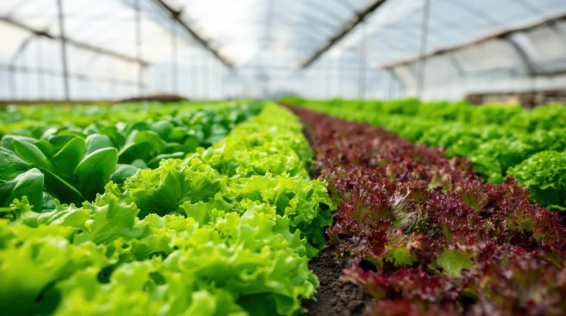 Rows of green and red lettuce growing in a greenhouse under controlled environment
