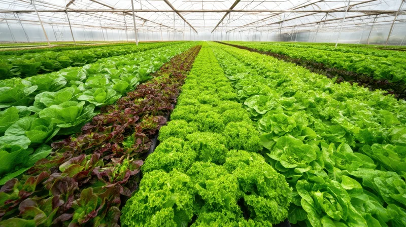 Rows of green and red lettuce growing in a greenhouse under transparent plastic cover