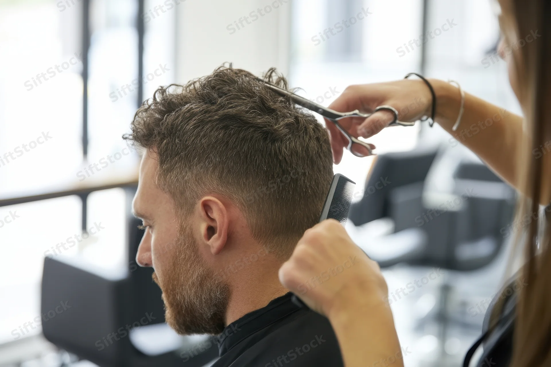 Man receiving haircut with scissors and comb in salon