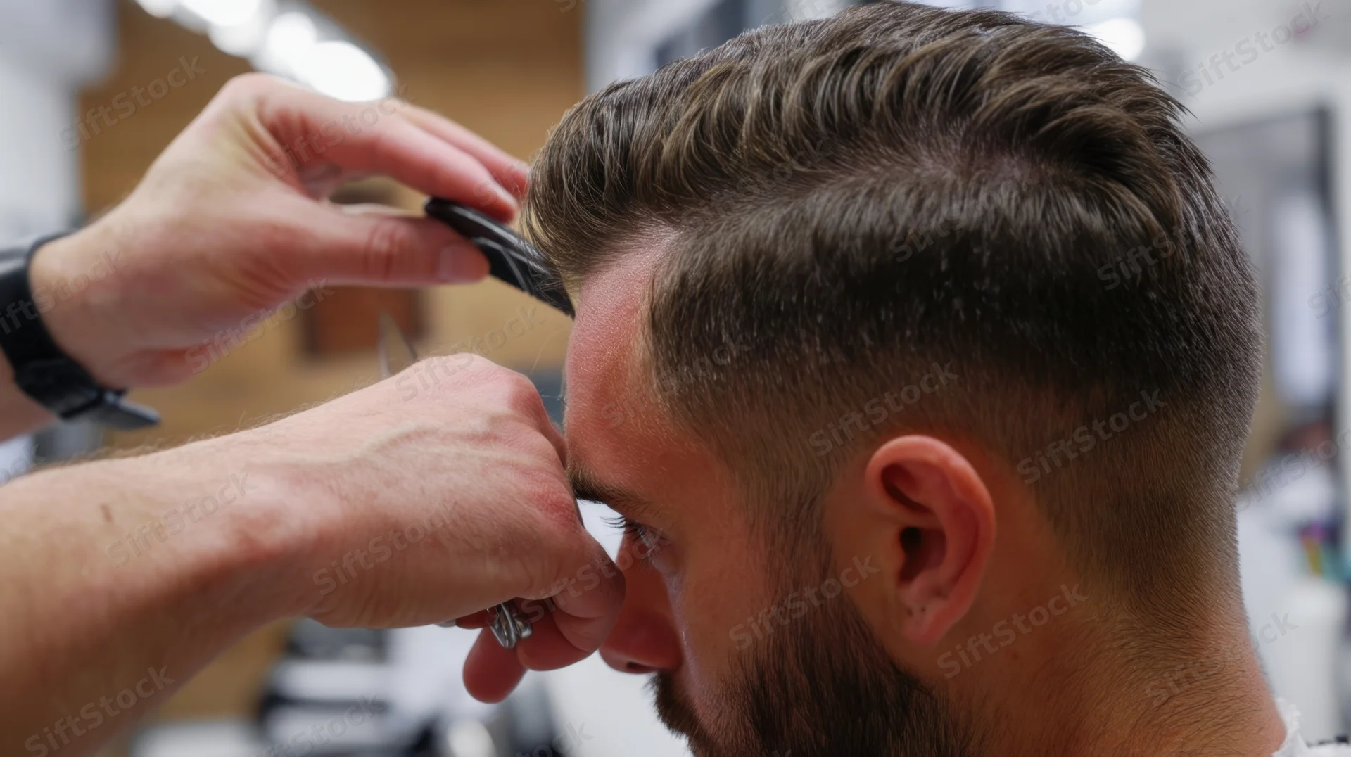Barber cutting a man's hair with scissors and comb in a salon