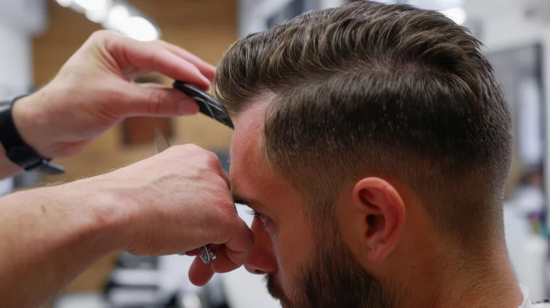 Barber cutting a man's hair with scissors and comb in a salon