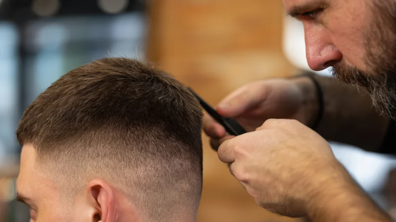Barber trimming a man's hair with scissors in a salon