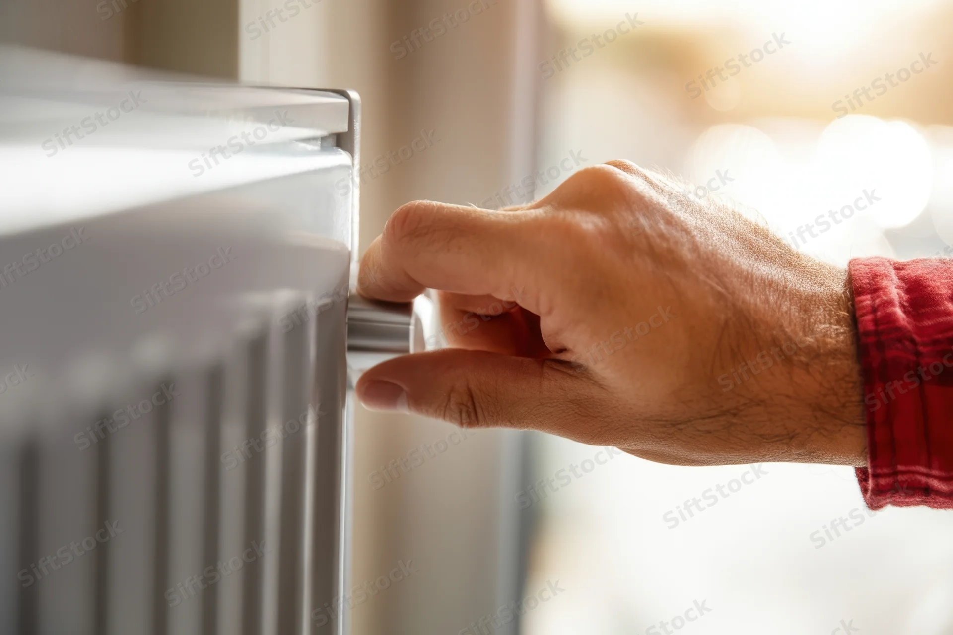 Hand adjusting a radiator knob for temperature control in a home interior