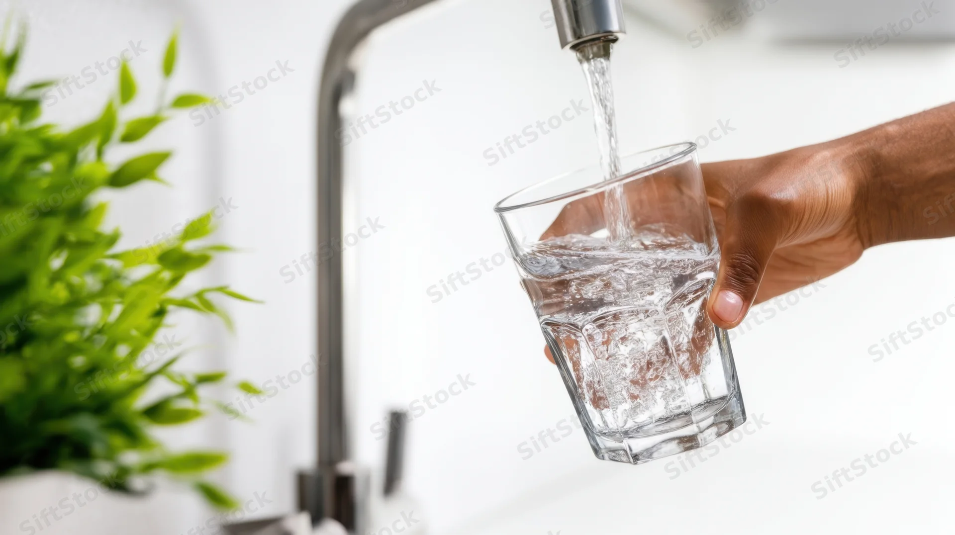 Hand pouring water from a faucet into a glass in a kitchen setting