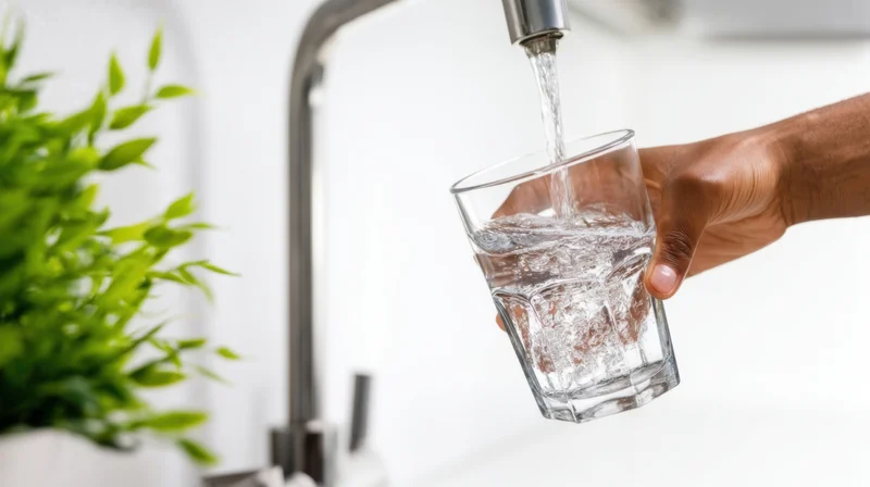 Hand pouring water from a faucet into a glass in a kitchen setting