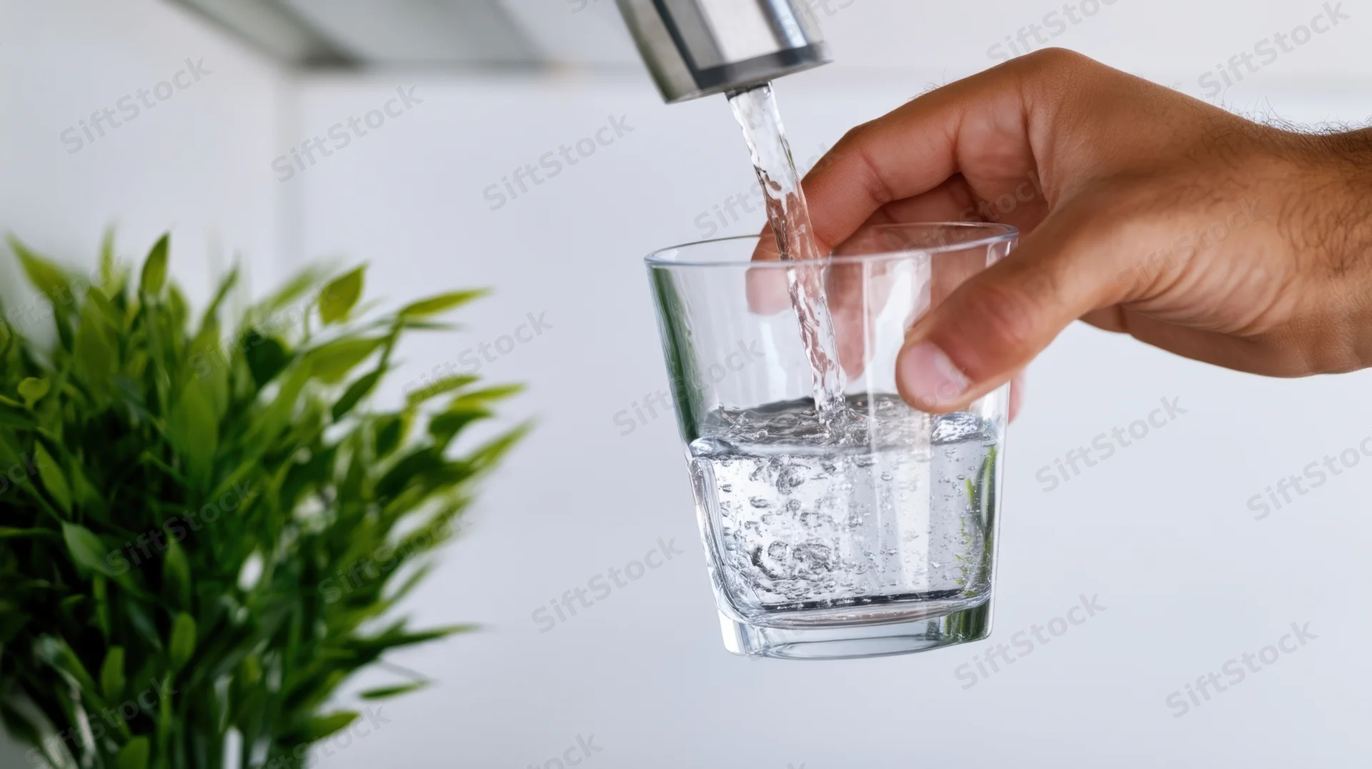 Hand pouring water from a faucet into a glass in a kitchen setting