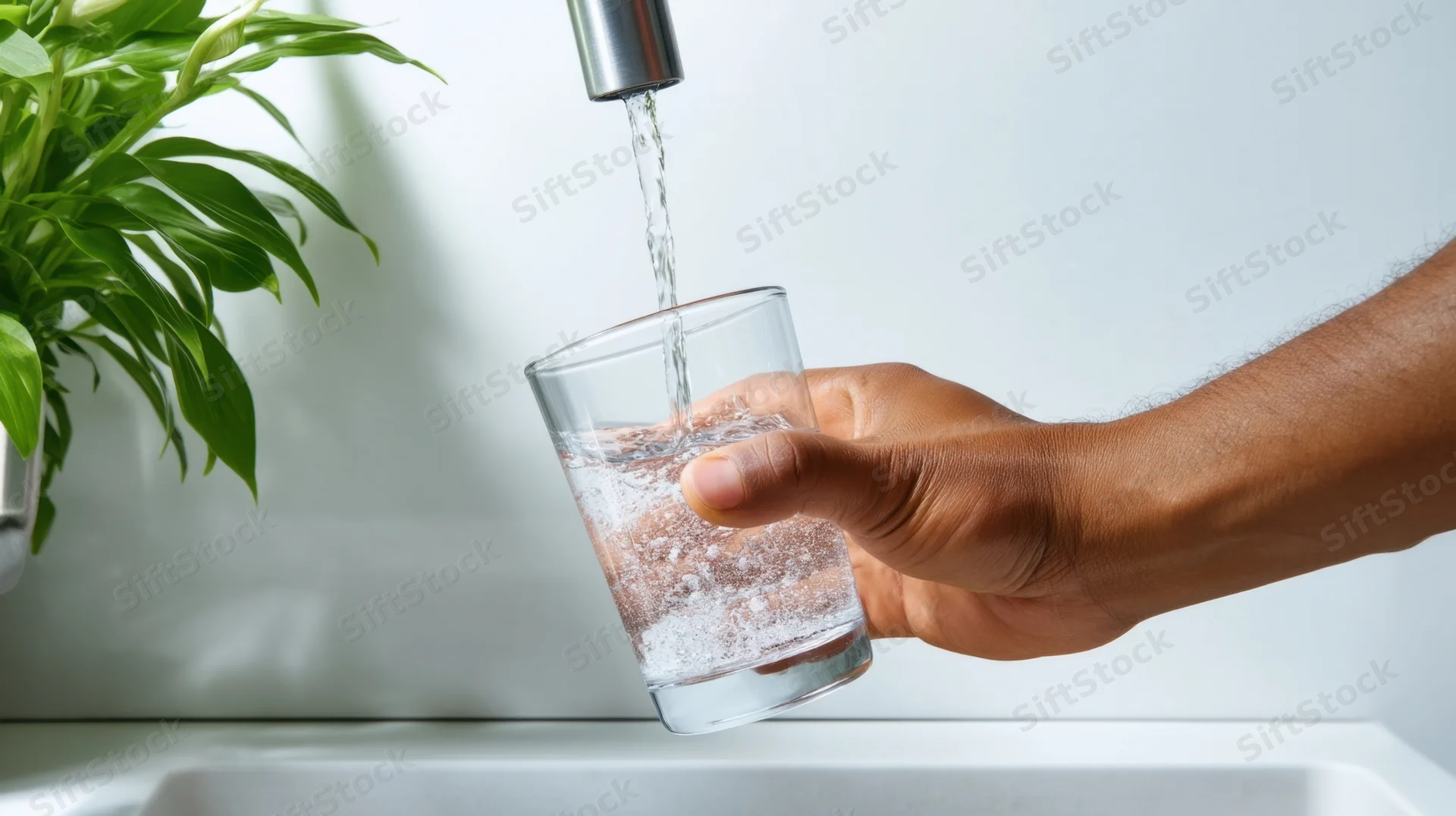 Hand pouring water from a faucet into a glass in a kitchen sink