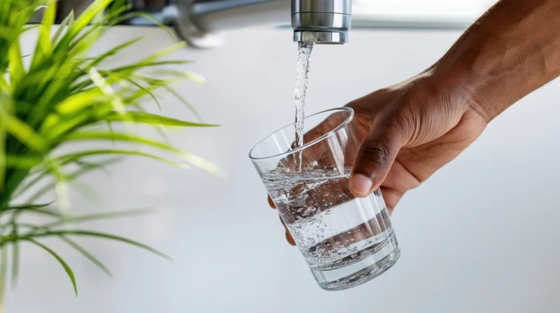 Hand filling a glass with water from a kitchen faucet