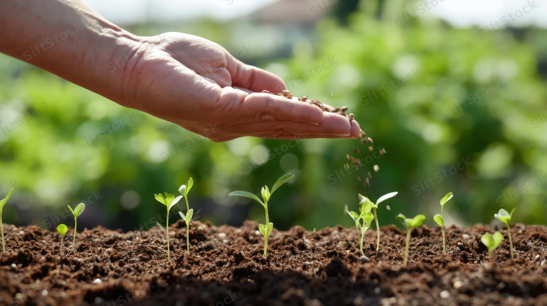 Hand sprinkling seeds over young sprouts in soil outdoors