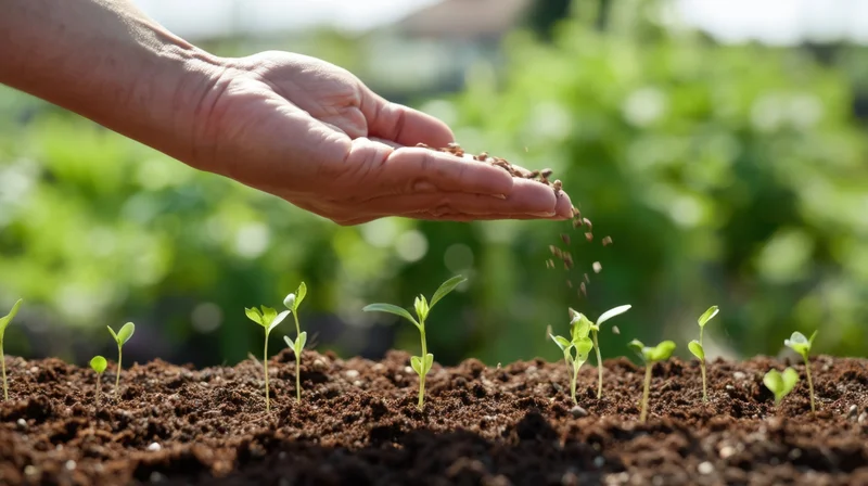 Hand sprinkling seeds over young sprouts in soil outdoors