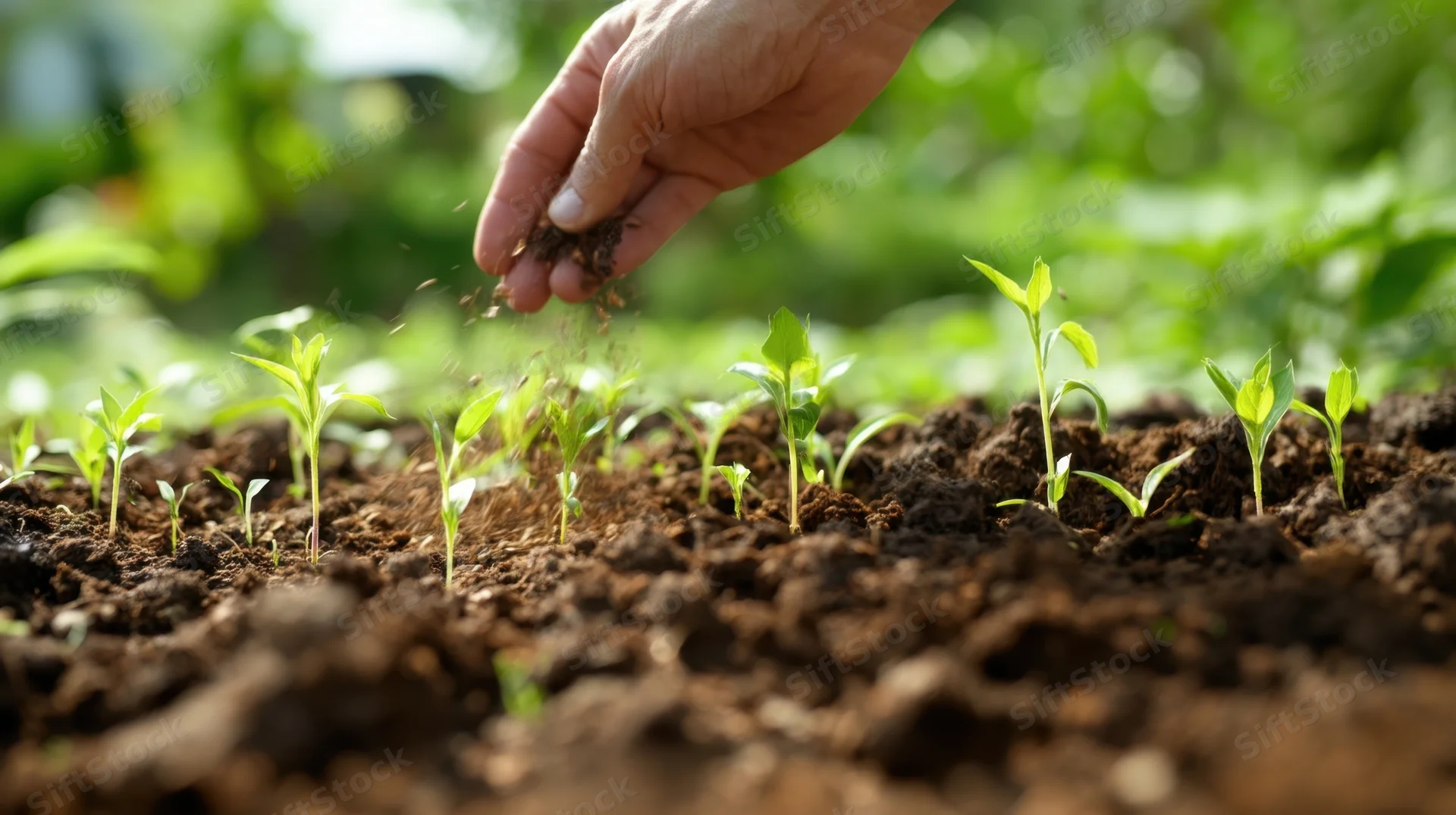Hand sprinkling soil over young seedlings in a garden bed
