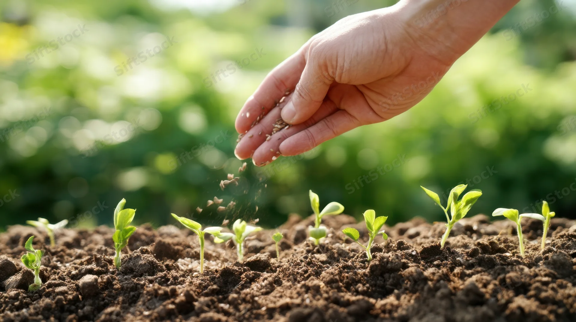 Hand scattering seeds over young sprouts in garden soil