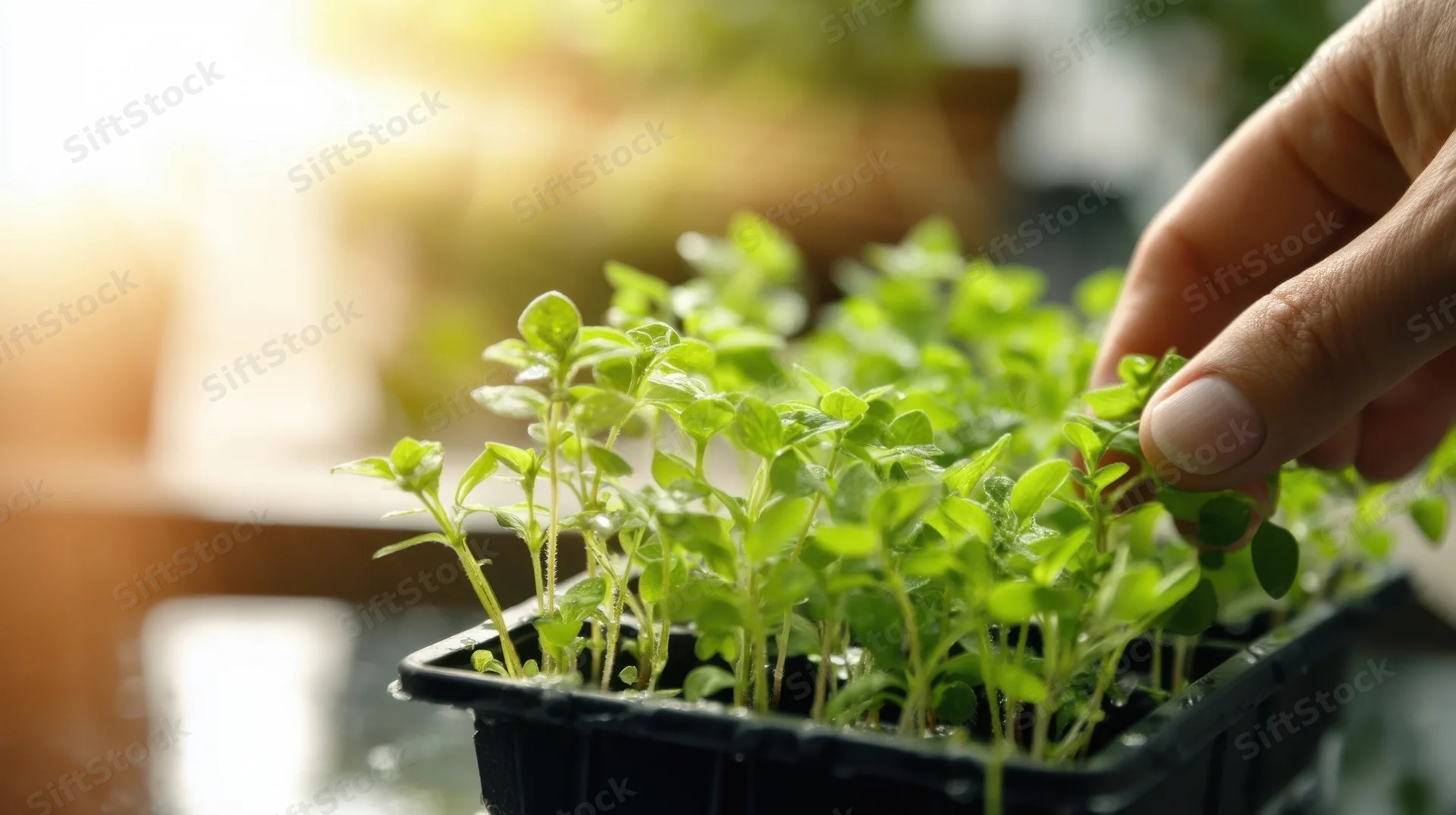 Hand gently touching young seedlings in a black tray near a sunlit window