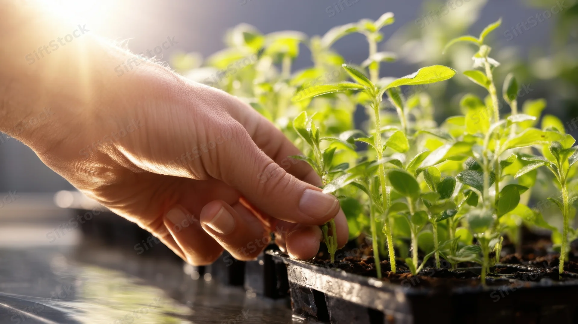 Hand gently touching young seedlings in a tray outdoors in sunlight