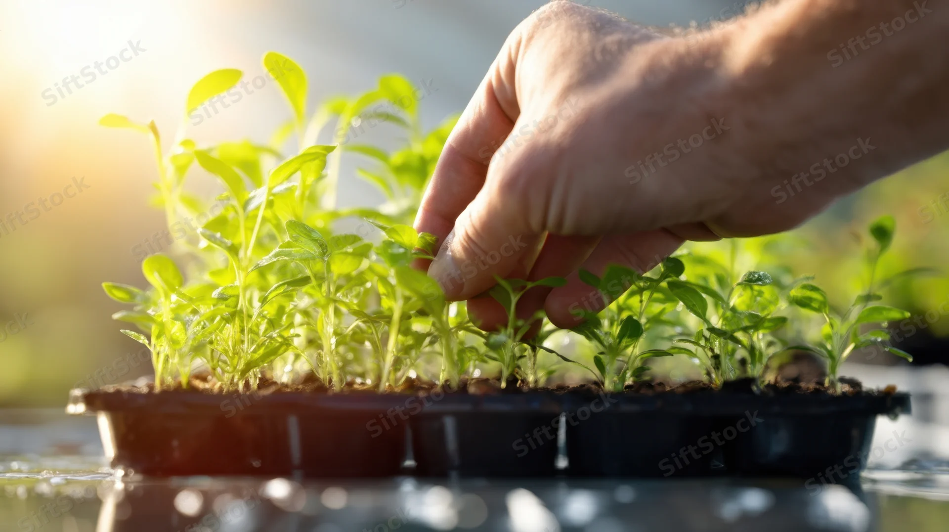 Hand gently touching young seedlings in a tray outdoors in morning light
