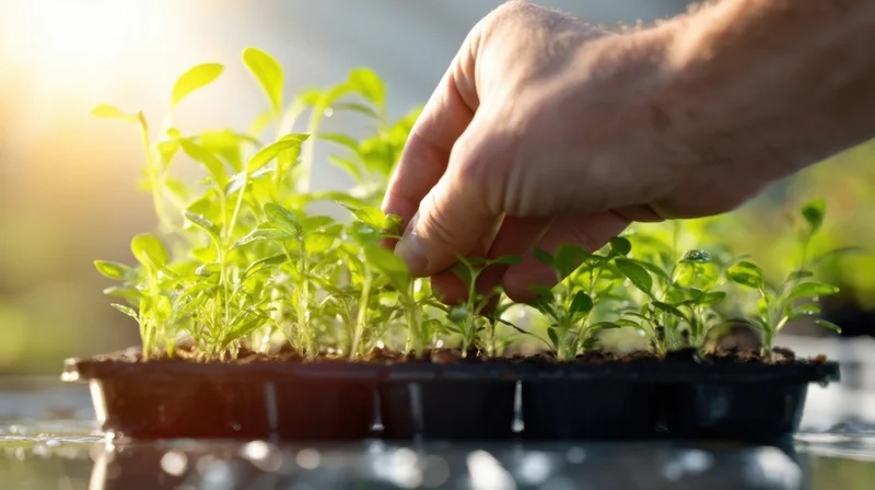 Hand gently touching young seedlings in a tray outdoors in morning light