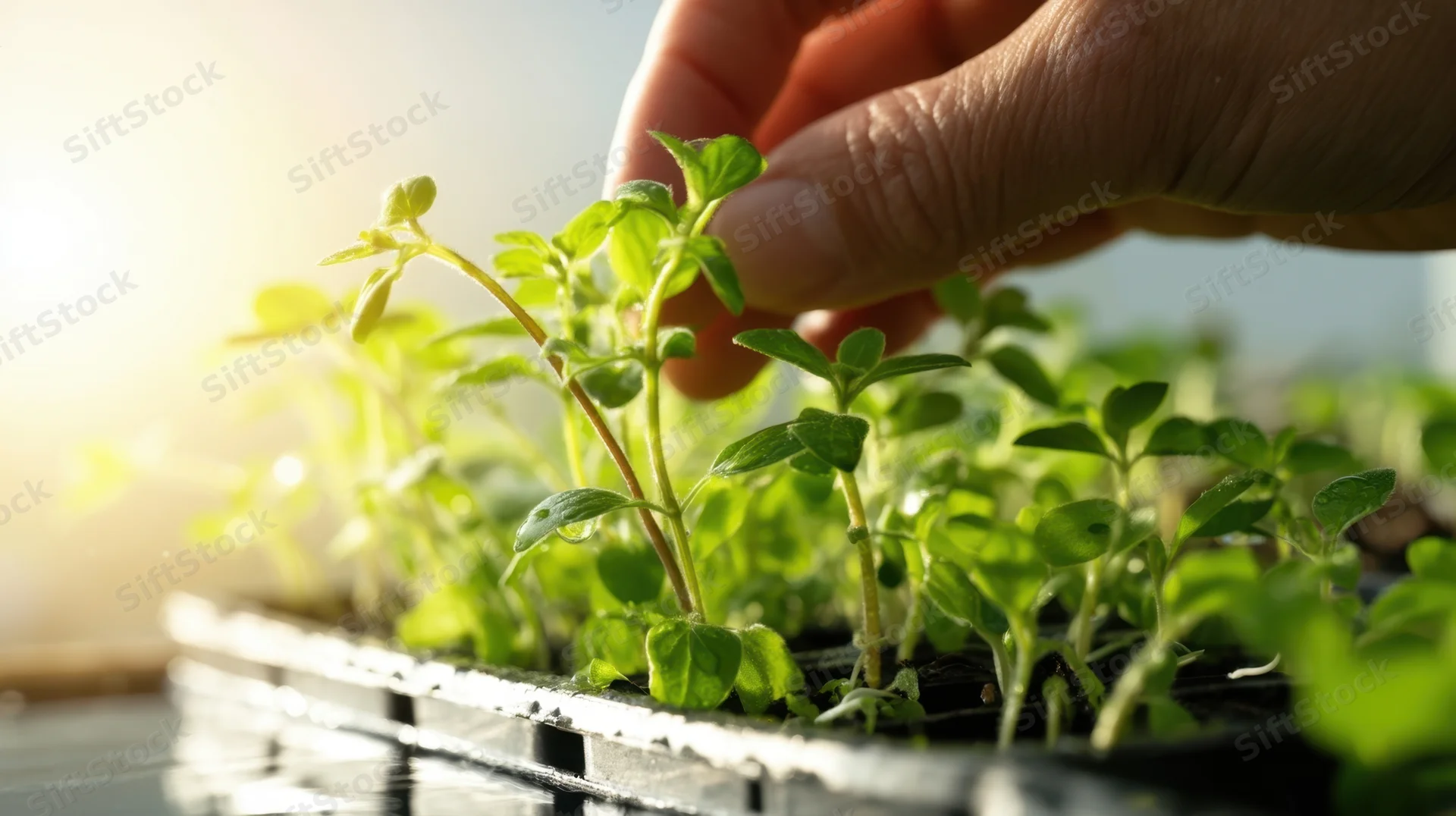 Hand gently touching young seedlings in a tray under sunlight