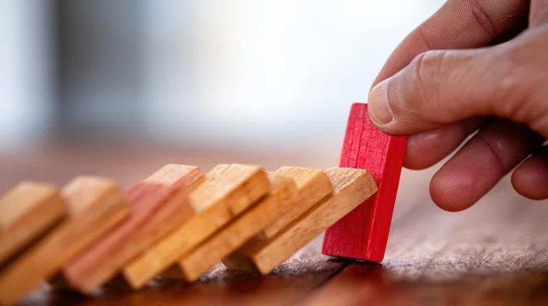 Hand stopping a falling line of wooden dominoes on a desk