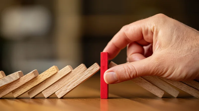 Hand stopping a falling domino chain on a wooden desk
