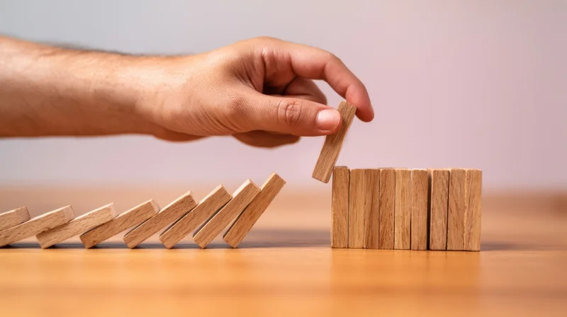 Hand placing wooden domino to stop falling chain on table