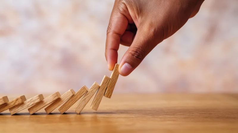 Hand stopping falling wooden dominoes on a desk