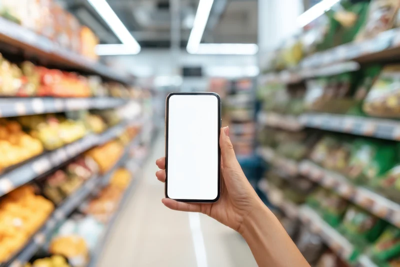 Hand holding smartphone with blank screen in grocery store aisle