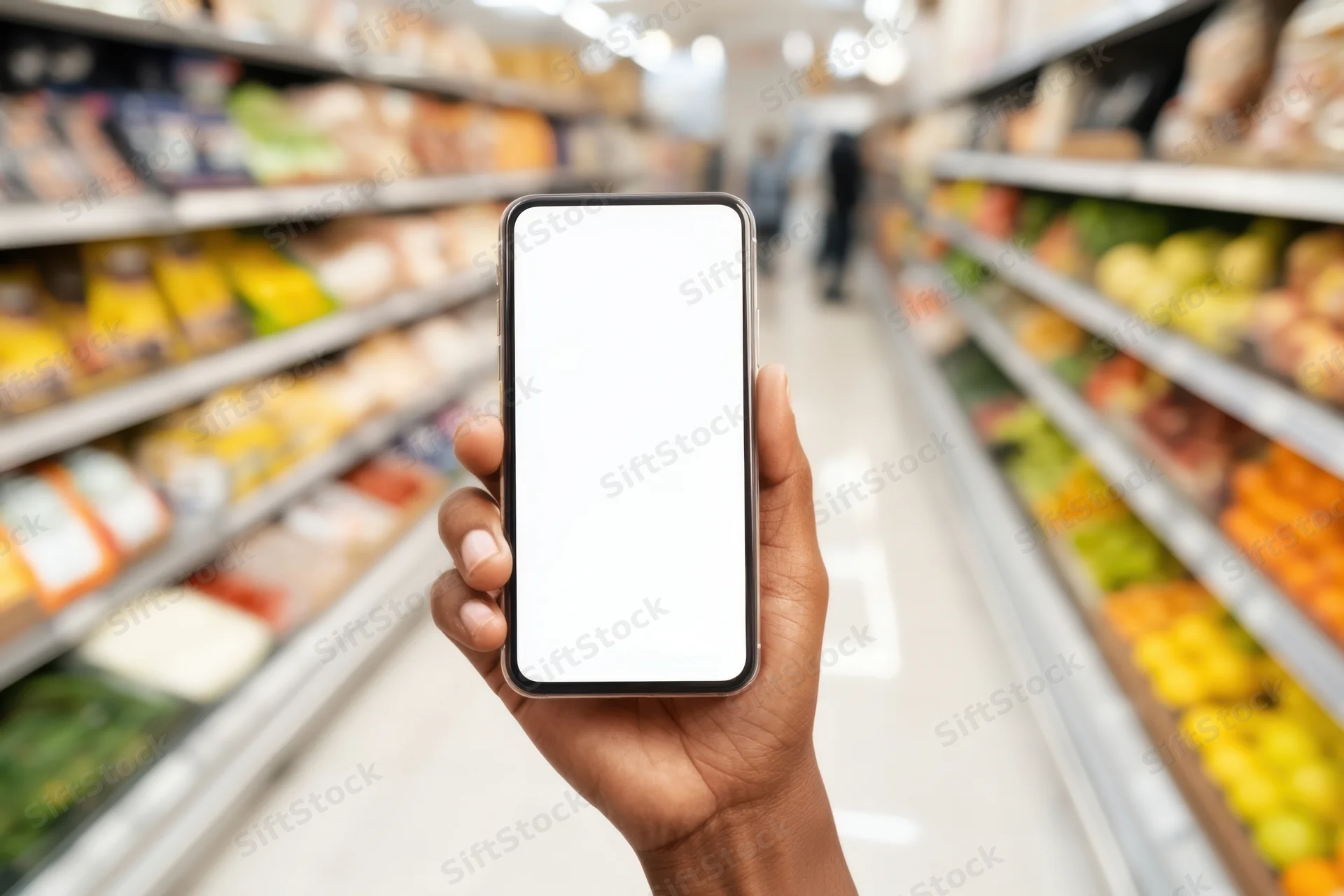 Hand holding smartphone with blank screen in grocery store aisle