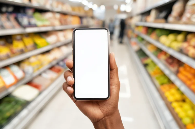 Hand holding smartphone with blank screen in grocery store aisle