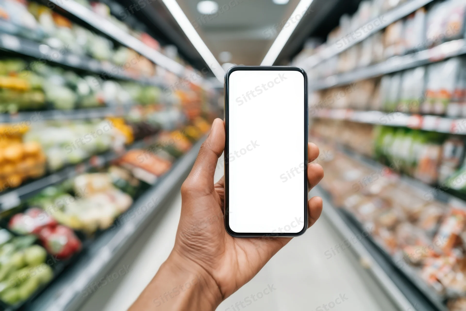 Hand holding smartphone with blank screen in supermarket aisle surrounded by grocery shelves