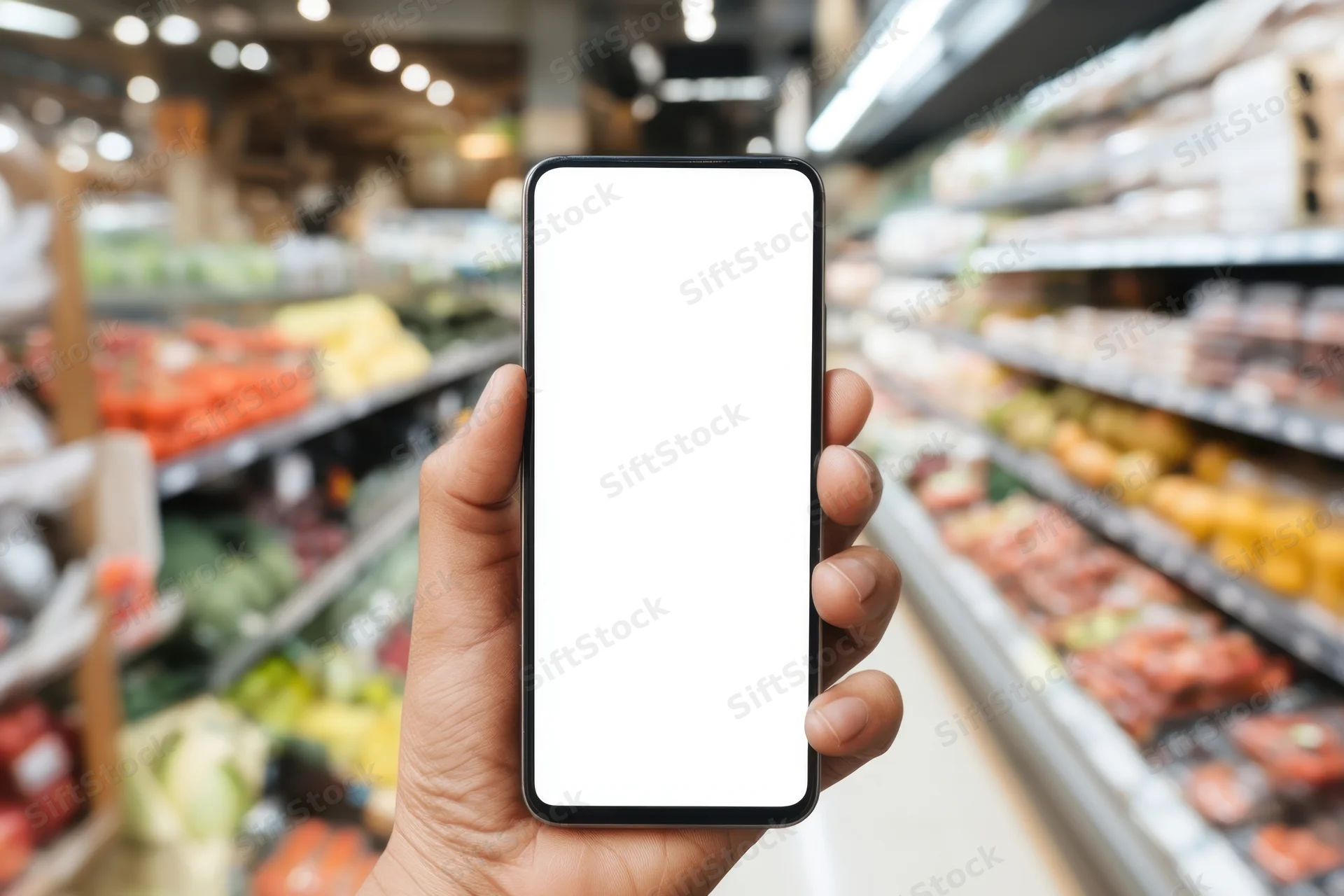 Hand holding smartphone with blank screen in grocery store aisle