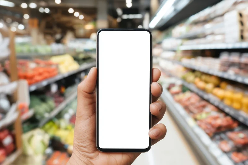 Hand holding smartphone with blank screen in grocery store aisle
