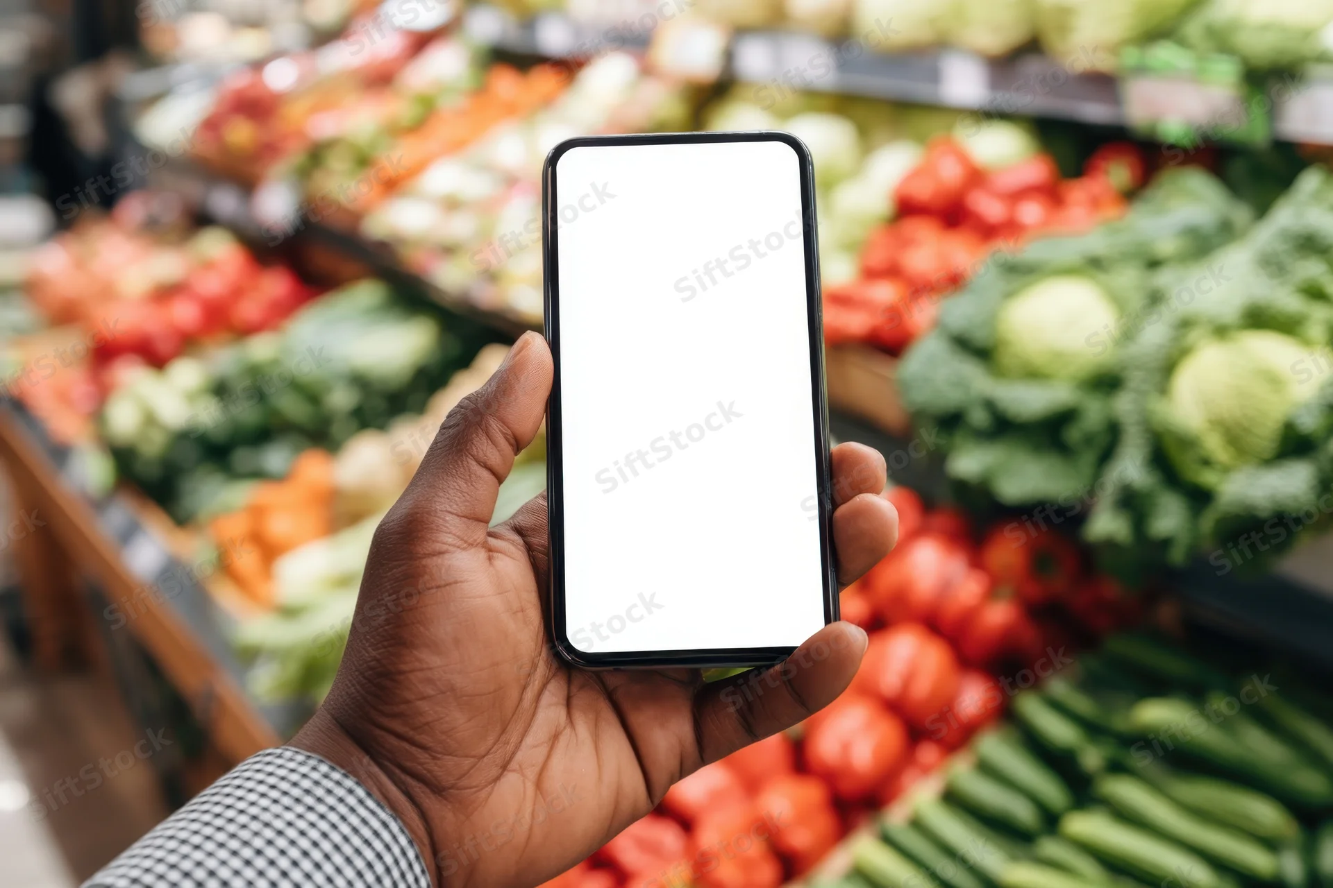 Hand holding smartphone with blank screen in front of grocery produce section