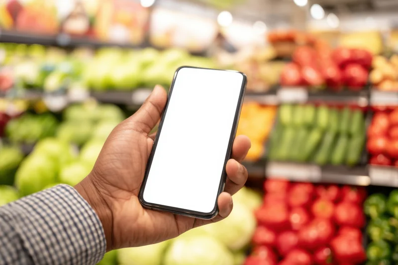 Hand holding smartphone with blank screen in grocery store produce section