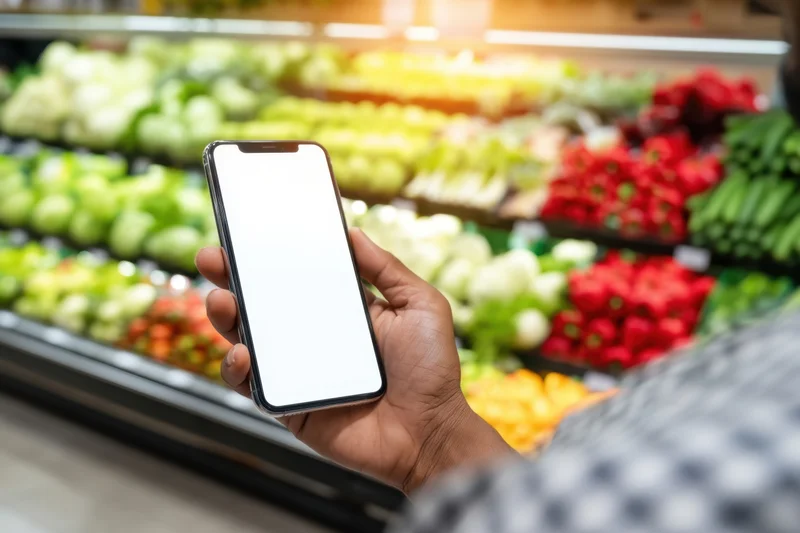 Hand holding smartphone with blank screen in front of grocery produce section