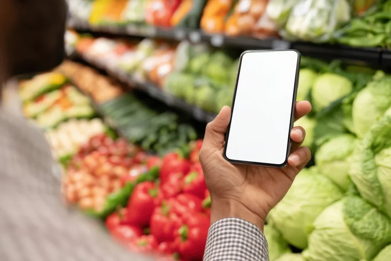 Hand holding smartphone with blank screen in grocery store produce aisle