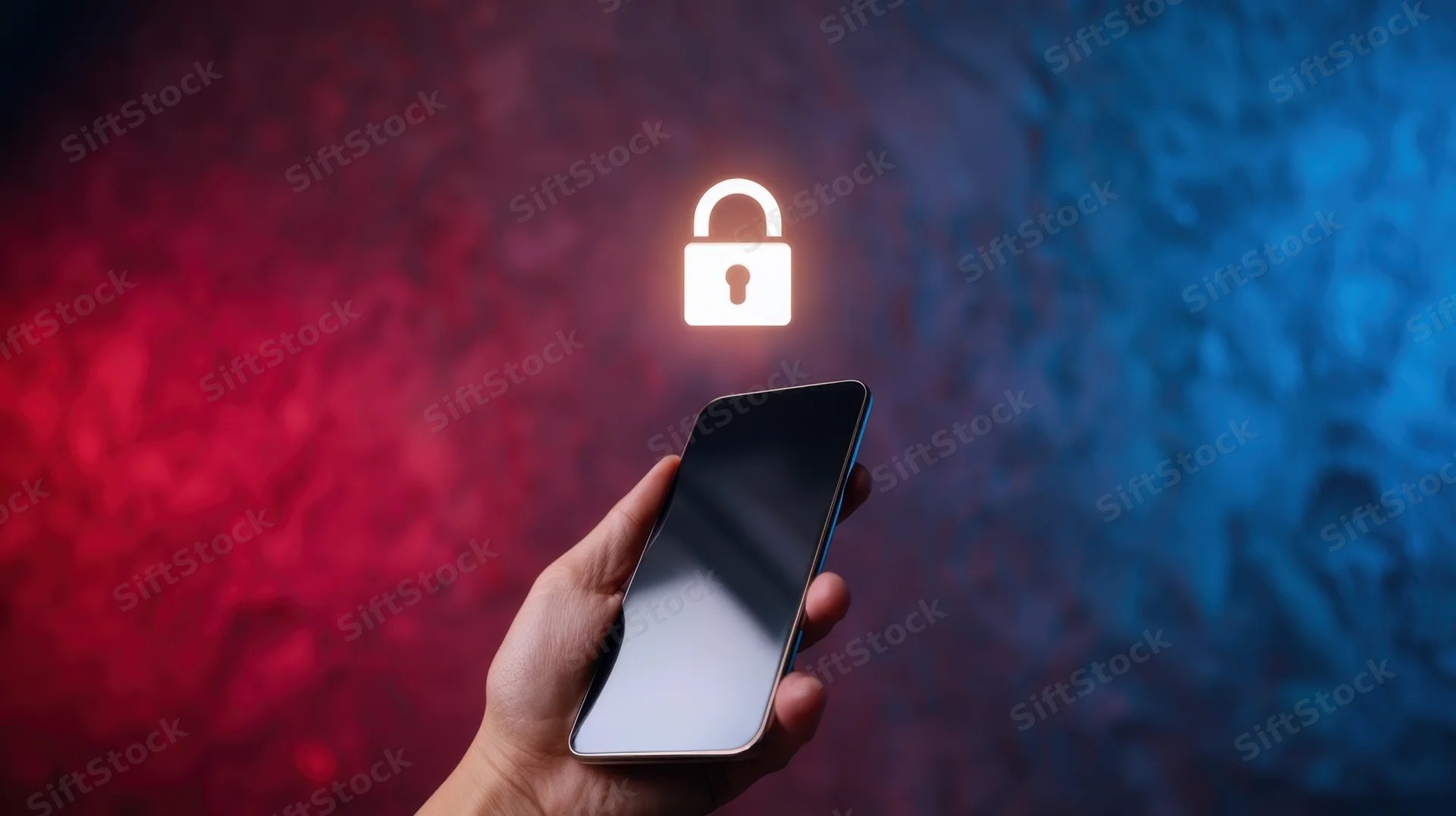 Hand holding smartphone with glowing lock icon above it against red and blue abstract background