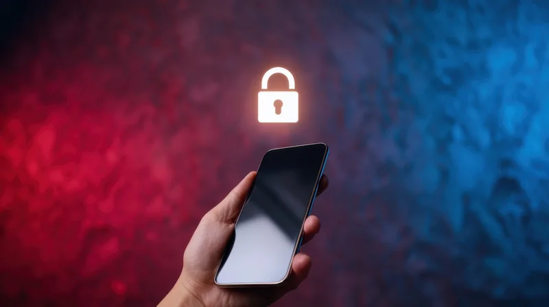 Hand holding smartphone with glowing lock icon above it against red and blue abstract background