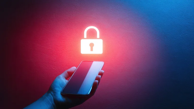 Hand holding smartphone with glowing digital lock above it against red and blue lit wall