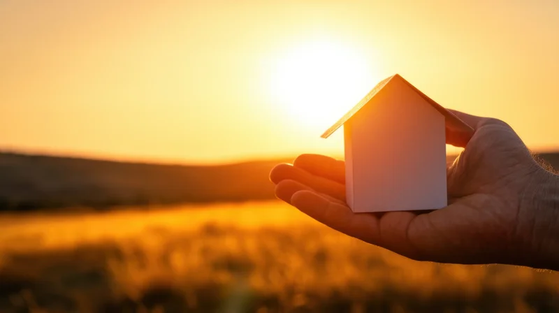 Hand holding a miniature house against a golden sunset over a field