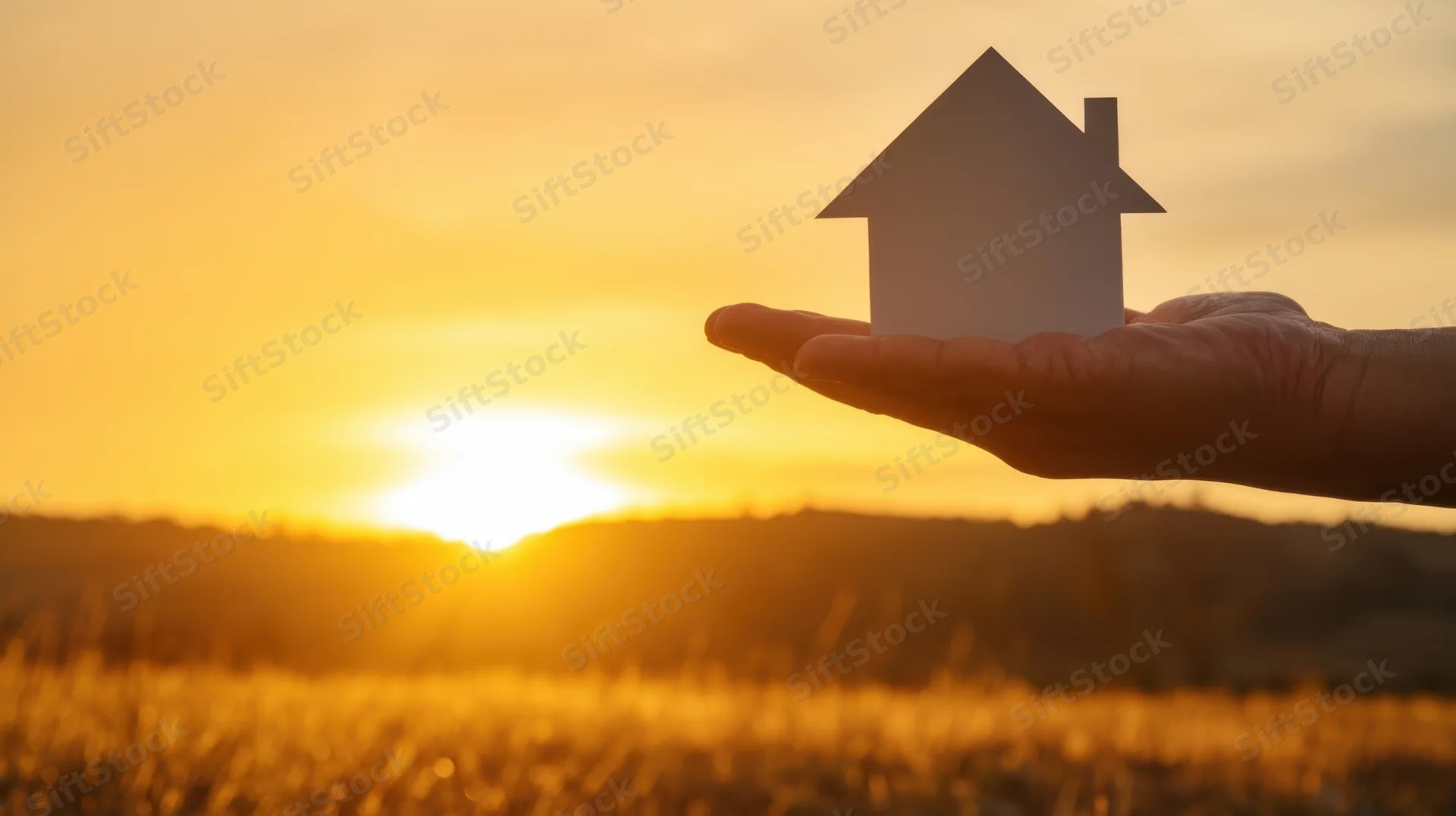 Hand holding paper house silhouette against sunset over rural field