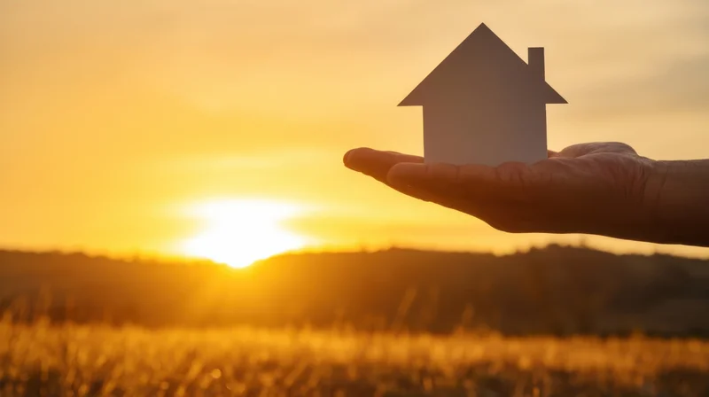 Hand holding paper house silhouette against sunset over rural field