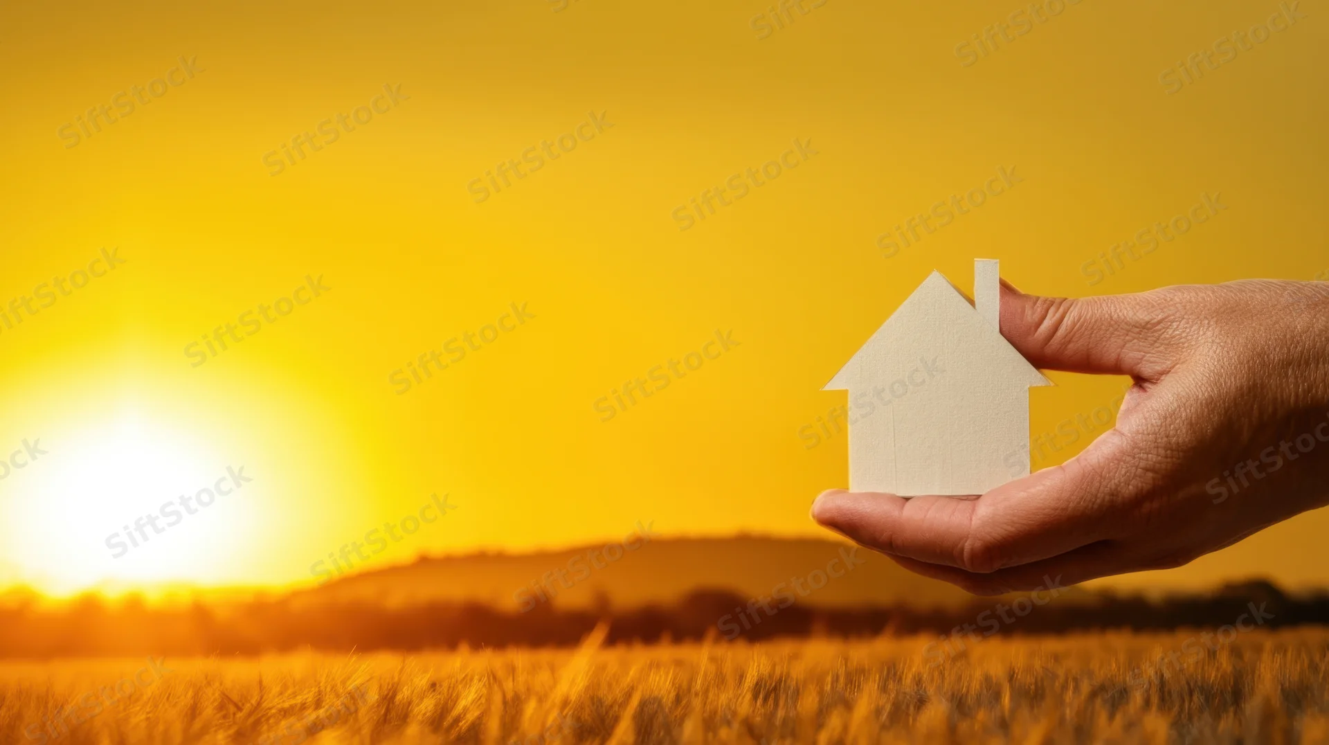 Hand holding paper house cutout over golden field at sunset