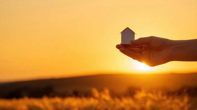 Hand holding small house model against sunset over rural field