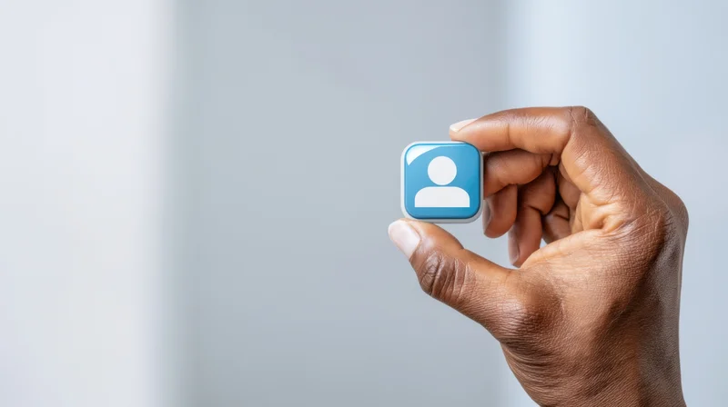 Hand holding a blue user profile icon against a light background