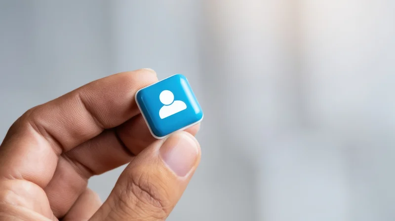 Hand holding a blue user profile icon against a blurred background