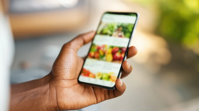 Hand holding smartphone displaying grocery shopping app outdoors