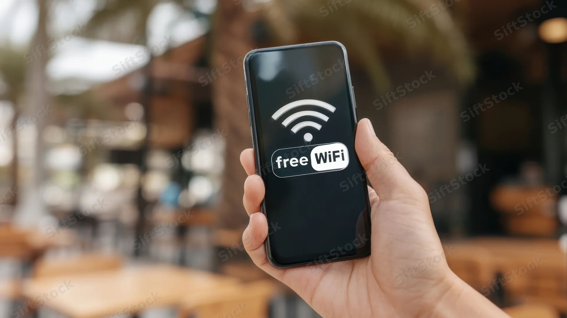 Hand holding smartphone displaying free wifi icon in outdoor cafe setting