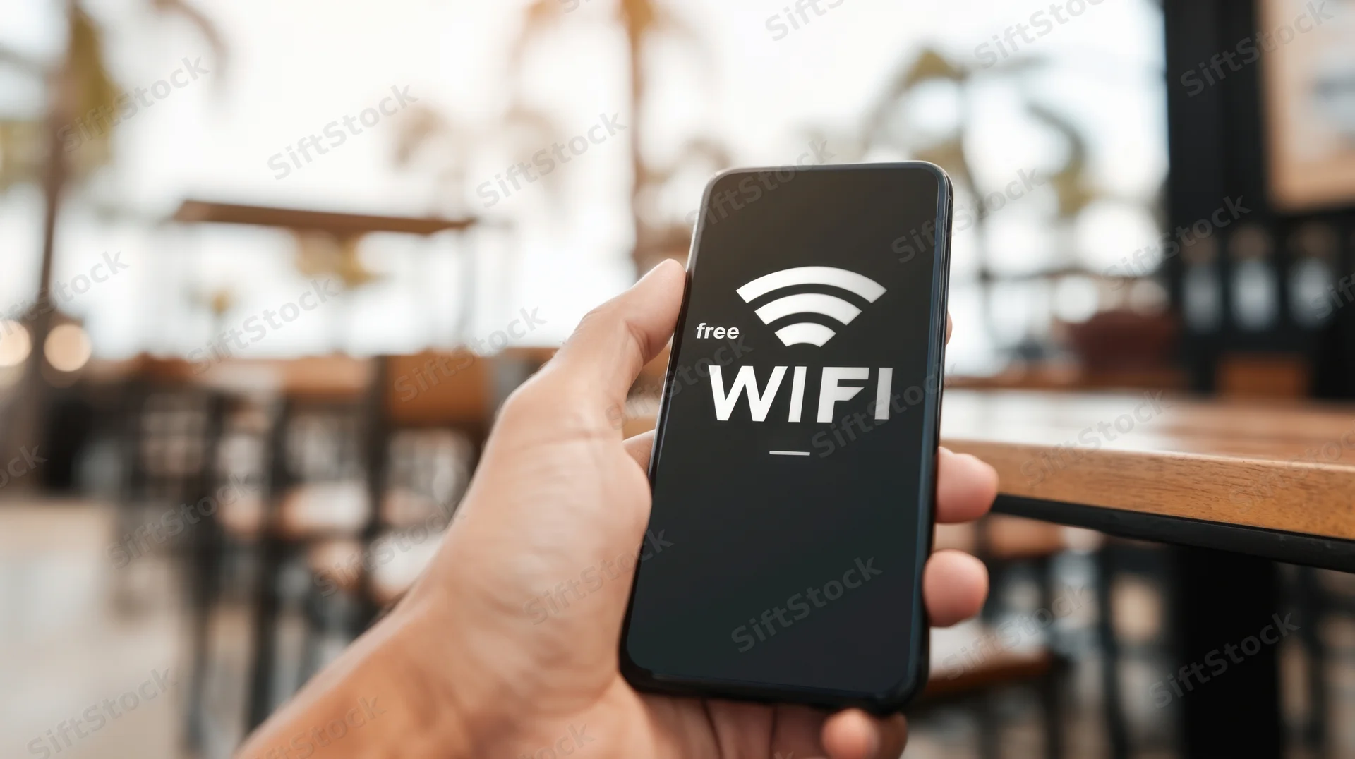 Hand holding smartphone with free wifi symbol displayed in outdoor cafe setting