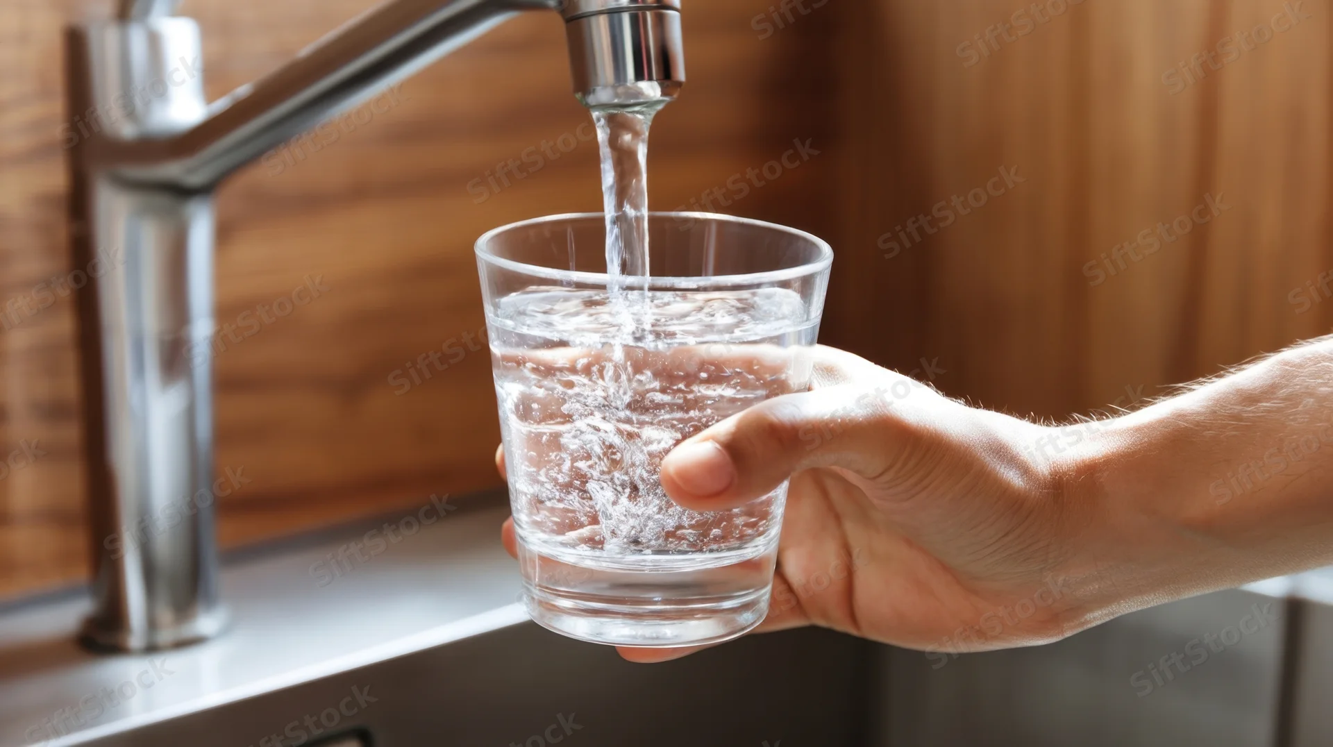 Hand holding a glass under a running kitchen tap filling it with water